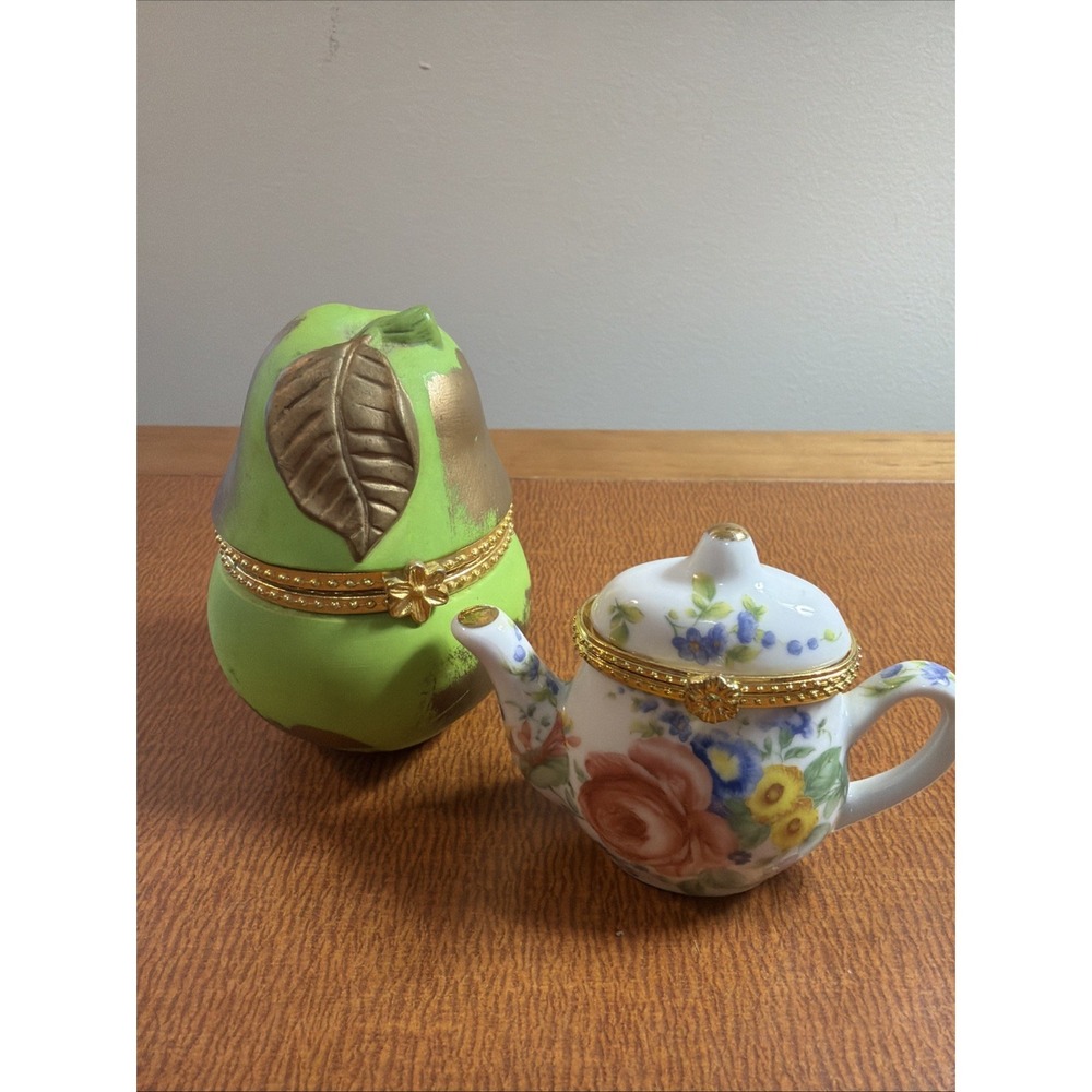Set Of 2 Vintage Trinket Boxes: Teapot & Green Pear